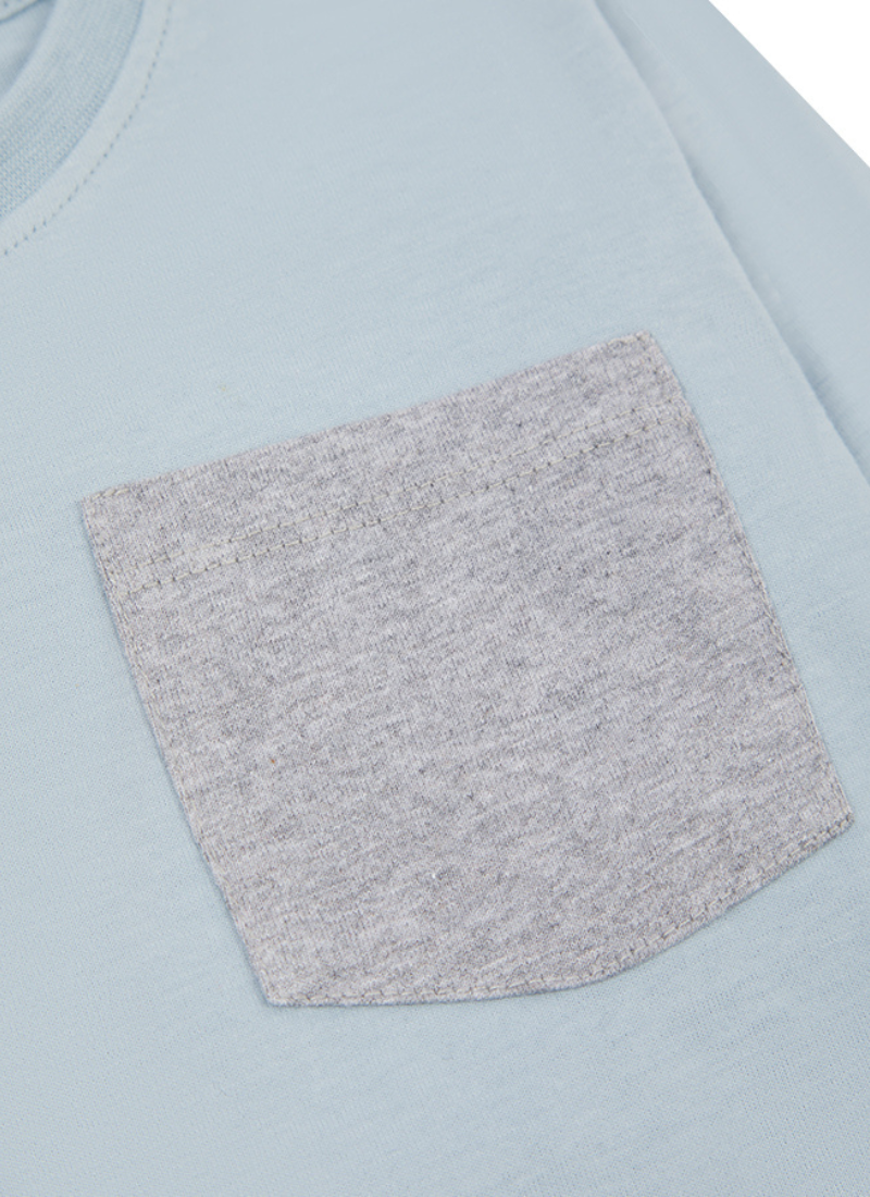 Cerulean Blue and Grey Melange Pocket Long Sleeve T- Shirt