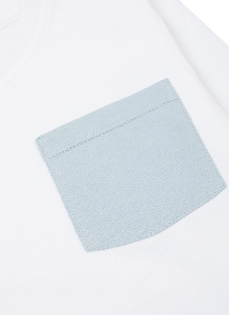 White and Cerulean Blue Pocket Long Sleeve T- Shirt