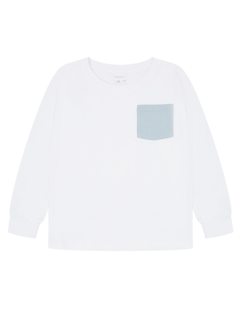 White and Cerulean Blue Pocket Long Sleeve T- Shirt