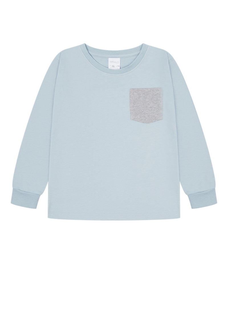 Cerulean Blue and Grey Melange Pocket Long Sleeve T- Shirt