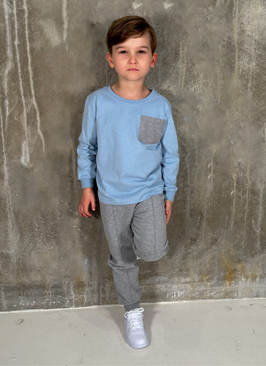 Cerulean Blue and Grey Melange Pocket Long Sleeve T- Shirt