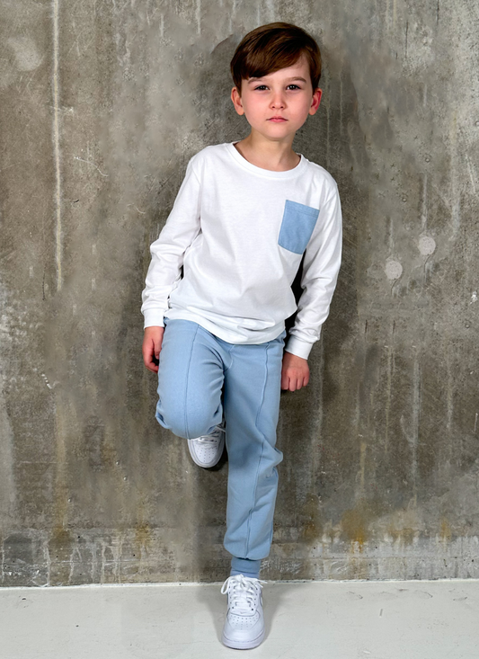 White and Cerulean Blue Pocket Long Sleeve T- Shirt